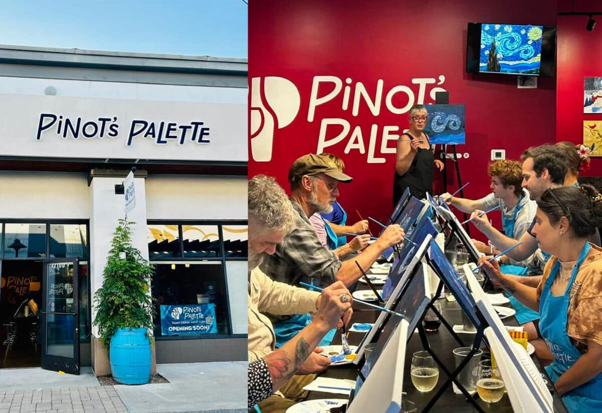 Alameda Post - Exterior of Pinot's Palette and attendees working on their paintings.