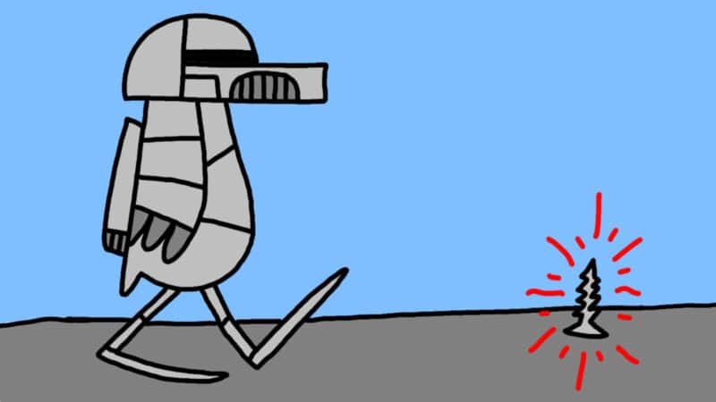 Alameda Post - The Steel Gull character from Two Birds from Alameda is crossing the road. A screw is in front of them.