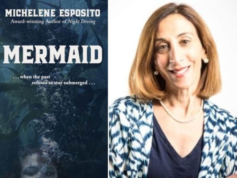 Alameda Post - The cover of the novel Mermaid. It shows a woman with bubbles coming up from her mouth against a watery background of kelp. Next to it is a headshot of the author.