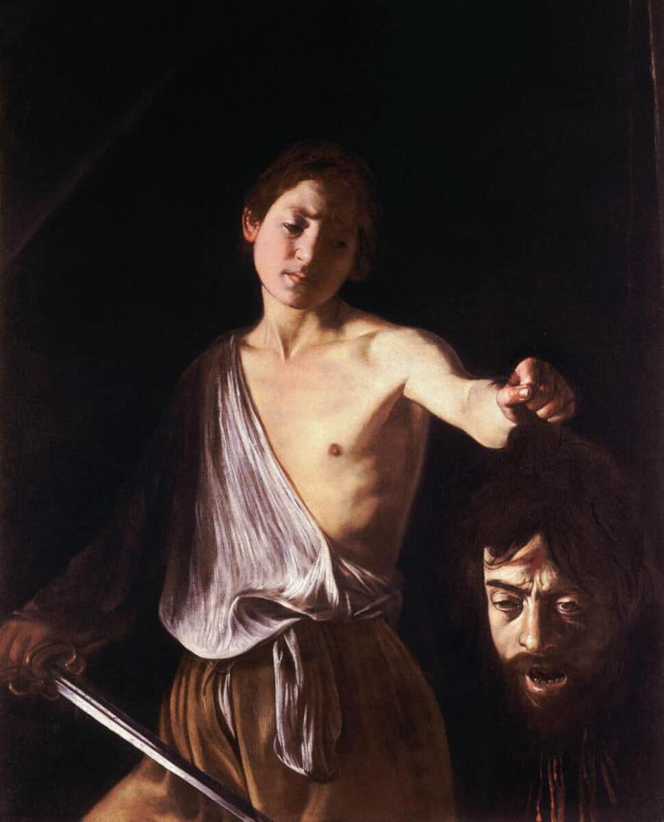 Alameda Post - A painting of a boy holding a head.