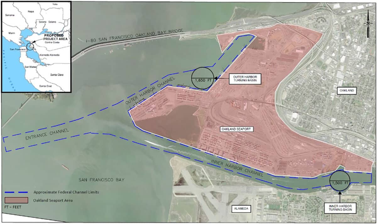 Alameda Post - a map of inner and outer Oakland Harbor and the Oakland-Alameda Estuary showing proposed turning basins