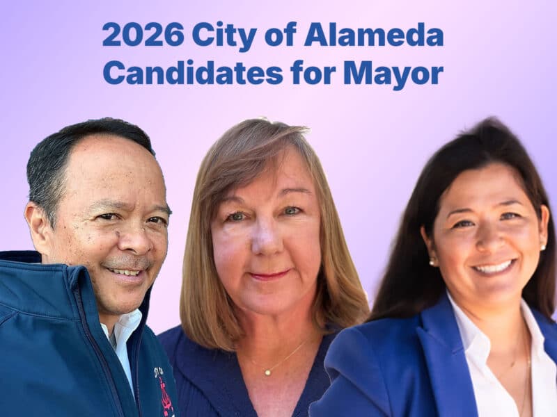 Alameda Post - Tony Daysog, Tracy Jensen, and Malia Vella with text that says 2026 City of Alameda Candidates for Mayor.