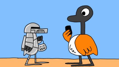 Alameda Post - Two Birds from Alameda characters. A bird in a robot halloween costume walks up to Goose.