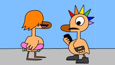 Alameda Post - Characters from Two Birds from Alameda. A young bird who looks like a teen with a rainbow mohawk talks to another teen bird with long hair and a skateboard