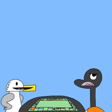Alameda Post - Seagull and Goose sit at a board game that looks like monopoly