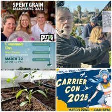 Alameda Post - a collage of events this week including a breadmaking class, CarrierCon 2025, a walking tour, community day at Corica Park, and a gardening class