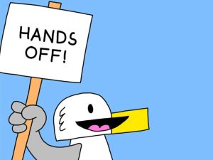 Alameda Post - Seagull from Two Birds from Alameda holds up a sign that says "Hands off"