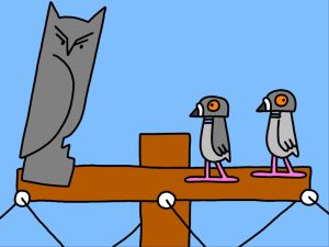 Alameda Post - Two pigeons sit on a telephone pole next to an owl or owl statue.