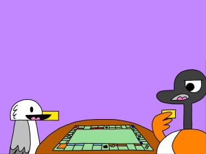 Alameda Post - Seagull sits at a table with a board game that looks like Monopoly.