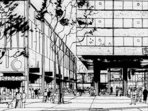 Alameda Post - A sketch of a very modern looking mid or high rise glass sided office building with people walking underneath its overhangs and along sidewalks.