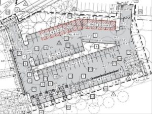 Alameda Post - A diagram of a parking lot for the Aquatic Center with some spaces marked in red to be removed from the plans.