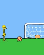 Alameda Post - An image from Two Birds from Alameda. A gosling stands next to a baseball in front of a soccer goal. In the soccer goal, an egg sits.