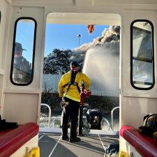 Alameda Post - Alameda Fire Department's boat arrives on the scene of the Schnitzer Steel fire in Oakland and helps put water on the flames.