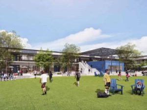 Alameda Post - a render of a green schoolyard with students milling around