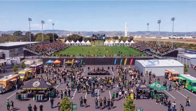 Alameda Post - A render of a soccer field and crowd attending match on Bay Farm Island.