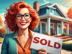 Alameda Post - an image of a red-headed real estate agent holding a Sold sign in front of a house