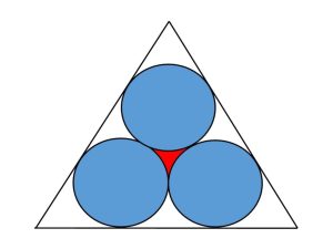 Alameda Post - A math diagram. Three congruent triangles are fitted snugly within an equilateral triangle. The circles are tangent to each other and to the sides of the triangle. The space in between the circles is red.