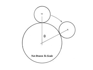 Alameda Post - A math diagram of a small sphere resting on top of a larger sphere. In the diagram, an arrow indicates that the small sphere moves along the large sphere, and another small sphere is drawn to indicate its other location. The angle between the starting point and ending point of the small sphere, drawn from the middle of the large sphere, is theta.