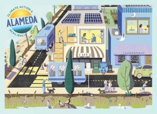 Alameda Post - A whimsical drawing of Alameda portraying gardens, active transport, public transport, beaches, and people enjoying life. A logo in the corner says "Climate Action and Resiliency Plan"