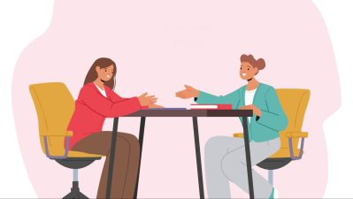 Alameda Post - a drawing of two people sitting across from each other at an interview table