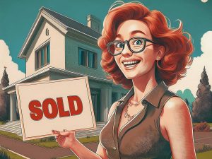 Alameda Post - a graphic of a red haired woman holding a "sold" sign in front of a house