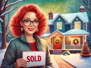 Alameda Post - a graphic of a redheaded woman with glasses holding up a "Sold" sign in front of a home