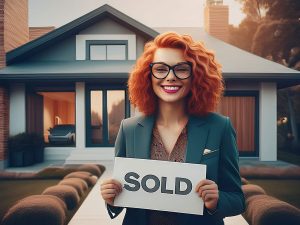 Alameda Post - a graphic of a red headed realtor standing in front of a house
