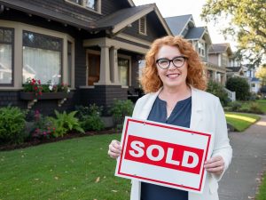 Alameda Post - A red headed woman smiles and holds a "Sold" sign in front of a home.
