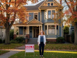 Alameda Post - A red headed woman smiles and stands next to a home with a "Sold" sign in front.
